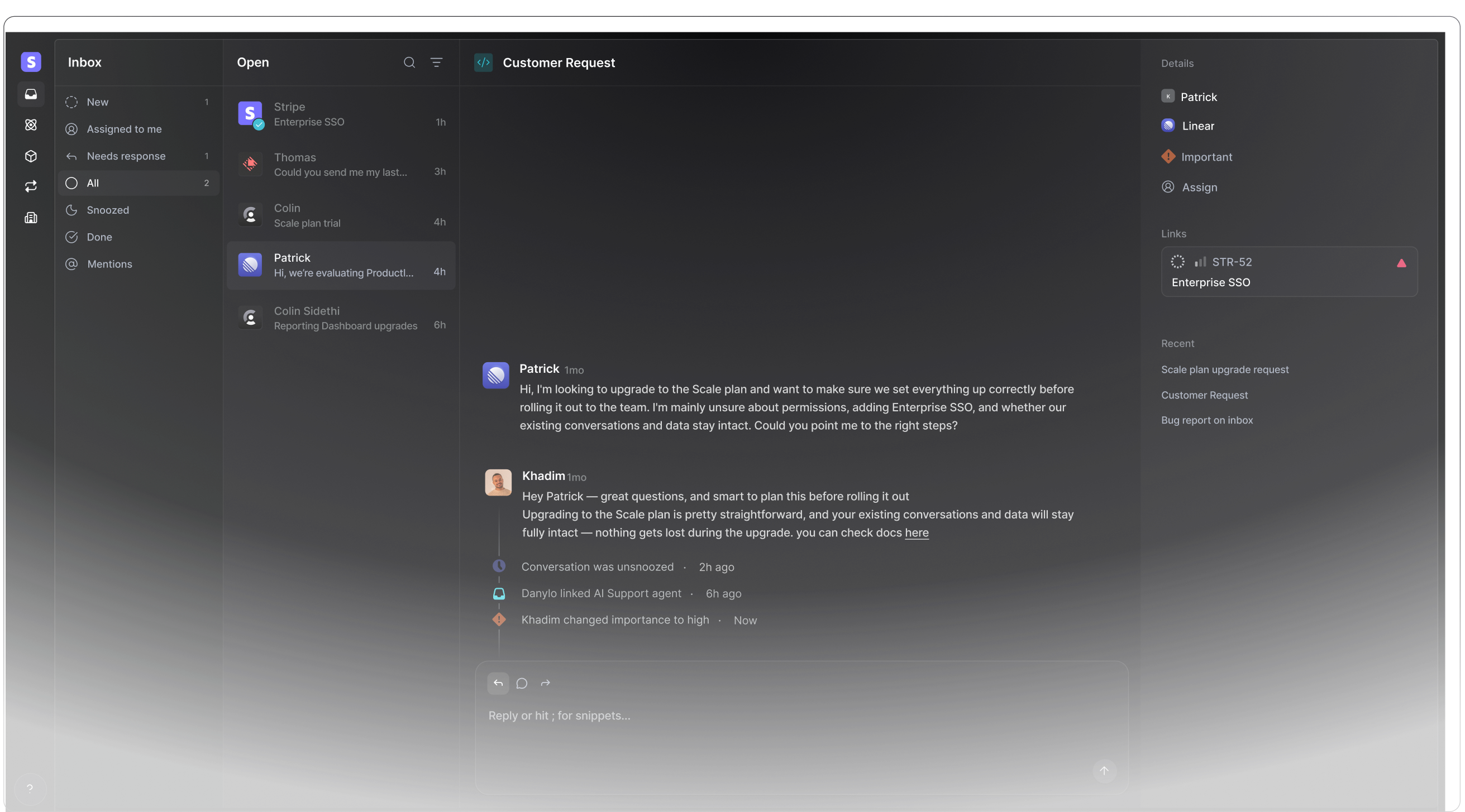 The Productlane inbox showing a customer conversation with a linked Linear issue